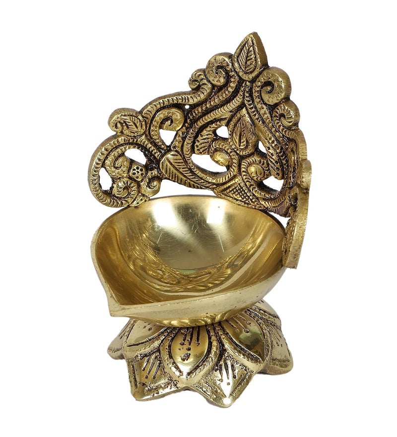 Two Moustaches Ethnic Carved Floral Design 5 Inches Brass Diya Brass Diyas for Home Temple Brass Diya for Puja Standard Pack of 1 - Image 2