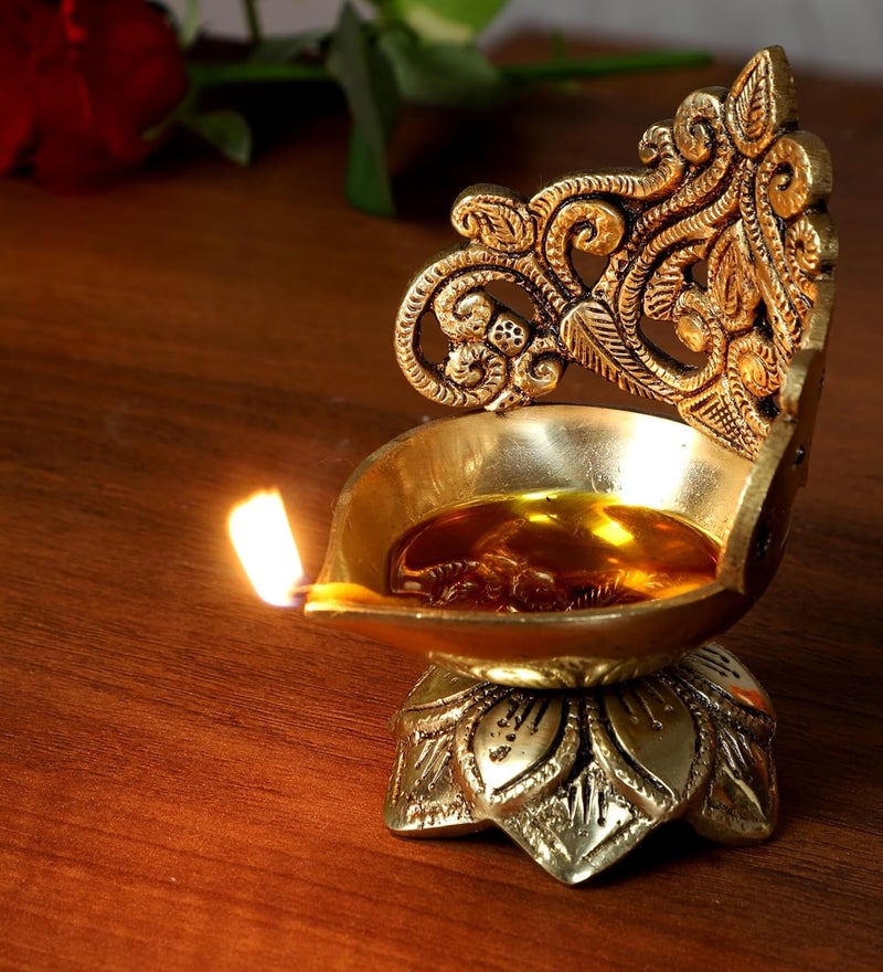 Two Moustaches Ethnic Carved Floral Design 5 Inches Brass Diya Brass Diyas for Home Temple Brass Diya for Puja Standard Pack of 1 - Image 5