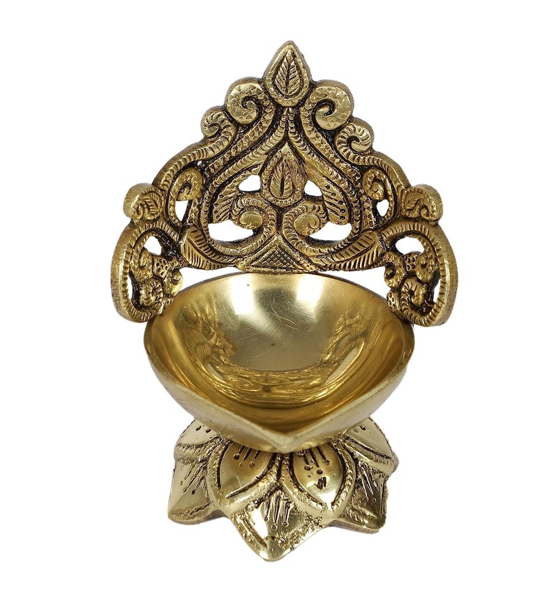 Two Moustaches Ethnic Carved Floral Design 5 Inches Brass Diya Brass Diyas for Home Temple Brass Diya for Puja Standard Pack of 1 - Image 1
