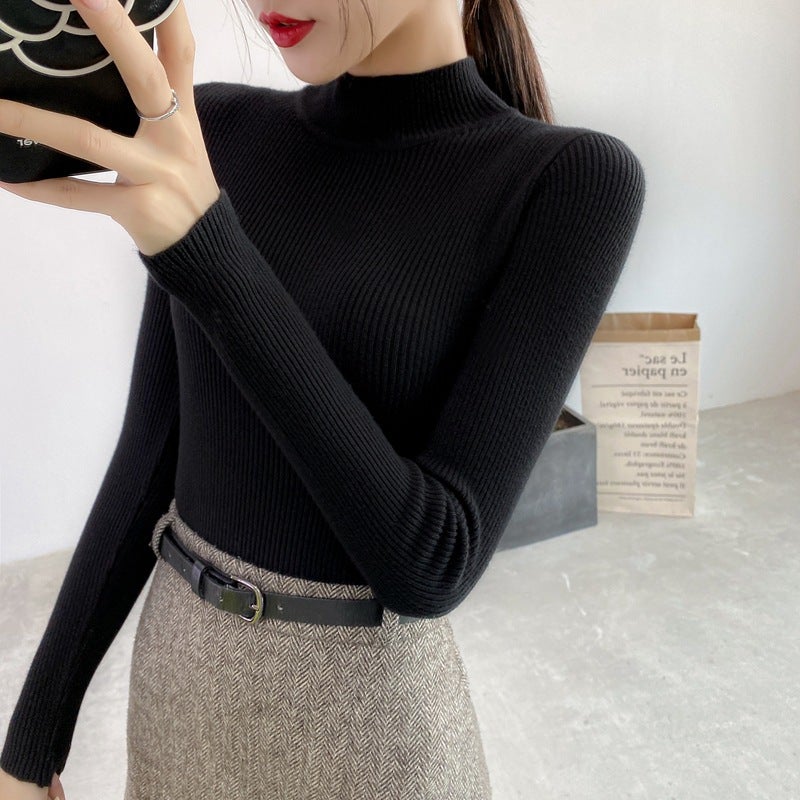 Half Turtleneck Sweater Base Shirt Womens Long-sleeved Interior Winter New Arrival 2021 Pullover All-match Slim-fit Sweater for Generation of Hair Fog Blue  - Image 2