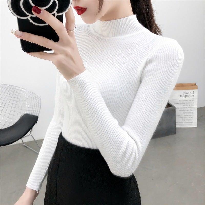 Half Turtleneck Sweater Base Shirt Womens Long-sleeved Interior Winter New Arrival 2021 Pullover All-match Slim-fit Sweater for Generation of Hair Fog Blue  - Image 5