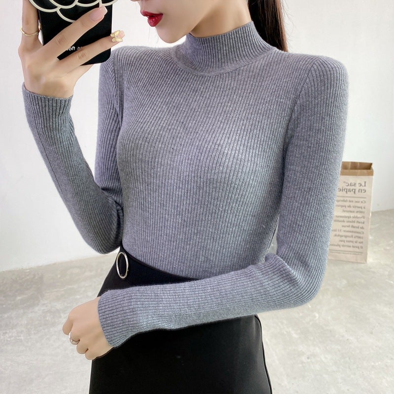 Half Turtleneck Sweater Base Shirt Womens Long-sleeved Interior Winter New Arrival 2021 Pullover All-match Slim-fit Sweater for Generation of Hair Fog Blue  - Image 3