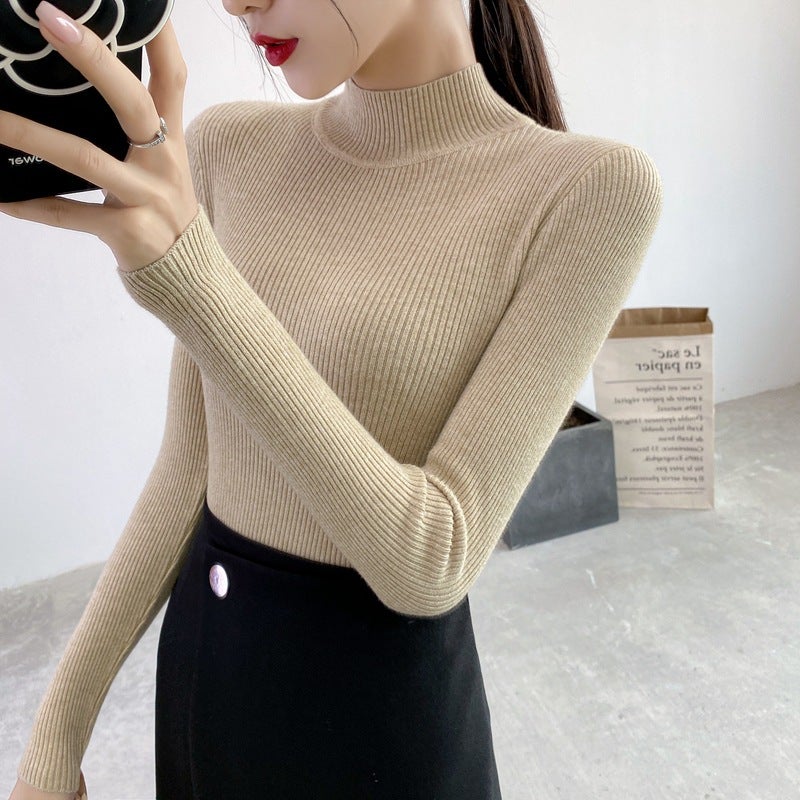 Half Turtleneck Sweater Base Shirt Womens Long-sleeved Interior Winter New Arrival 2021 Pullover All-match Slim-fit Sweater for Generation of Hair Fog Blue  - Image 4