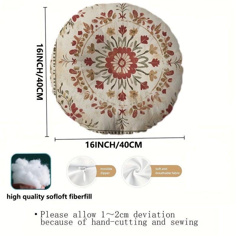 16 Inch Round Floor Pillow Vintage Embroidered Soft Microfiber Cushion Zipper Washable Cover - Image 3