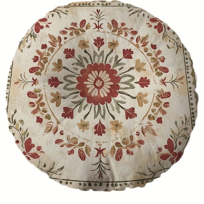 16 Inch Round Floor Pillow Vintage Embroidered Soft Microfiber Cushion Zipper Washable Cover - Image 1