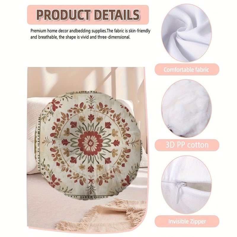 16 Inch Round Floor Pillow Vintage Embroidered Soft Microfiber Cushion Zipper Washable Cover - Image 2