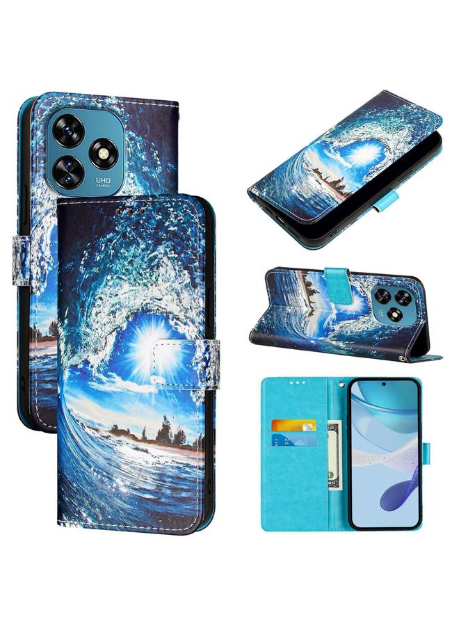 جراب هاتف من الجلد المنسوج البسيط بنمط رسم ملون لهاتف Oukitel C51 (أمواج وشمس)