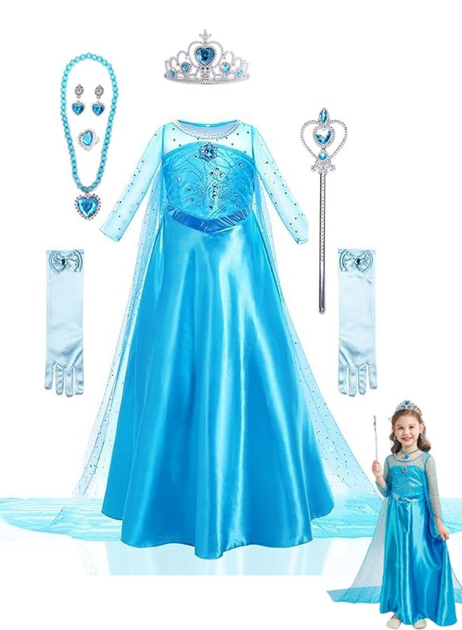 VUCATIN Elsa Princess Dress  Costume Dress Girls Cosplay Costume with Accessories Crown Necklace Ring Earrings Magic Wand Gloves Birthday Cosplay Party (A)  - Image 1