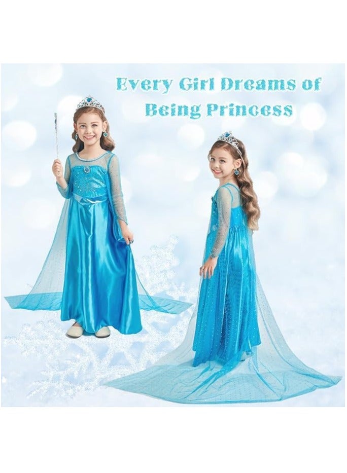 VUCATIN Elsa Princess Dress  Costume Dress Girls Cosplay Costume with Accessories Crown Necklace Ring Earrings Magic Wand Gloves Birthday Cosplay Party (A)  - Image 2