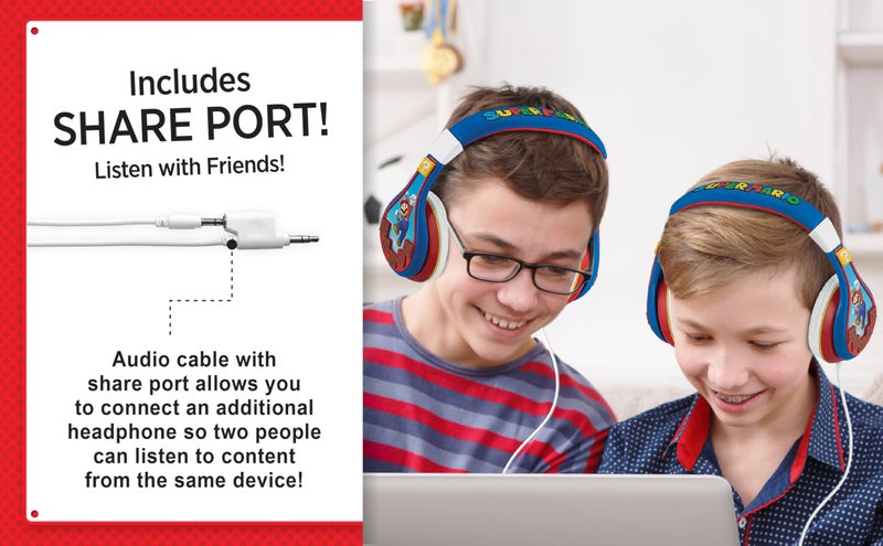 eKids Super Mario Kids Headphones, Adjustable Headband, Stereo Sound, 3.5Mm Jack, Wired Headphones for Kids, Tangle-Free, Volume Control, Childrens Headphones Over Ear for School Home, Travel - Image 2