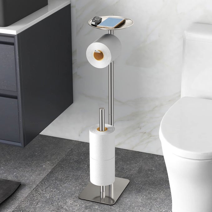 TOILET PAPER HOLDER STAND FOR BATHROOM FLOOR STANDING TOILET ROLL DISPENSER STORAGES 4 RESERVE ROLLS WITH TOP STORAGE SHELF FOR CELL PHONES WIPE WALLET AND MOREBRUSH NICKEL