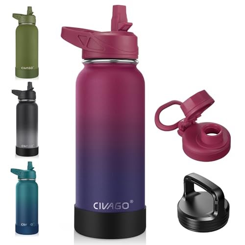 CIVAGO 32 oz Insulated Water Bottle With Straw, Stainless Steel Sports Water Cup Flask with 3 Lids (Straw, Spout and Handle Lid), Wide Mouth Travel Thermal Mug, Dark Rainbow - Image 1