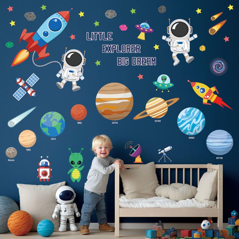 DECOWALL DS9-8058 Outer Space Wall Decals Stickers Kids Bedroom Room décor Nursery Boys Galaxy Stars Astronaut Planets Solar System Dark Removable Decoration Living Spaceship Window Art Mural Peel - Image 1