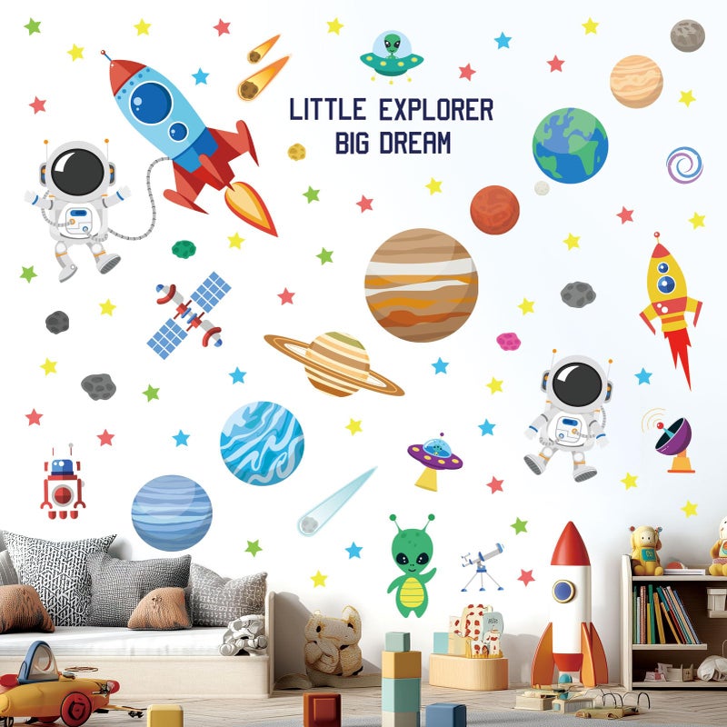 DECOWALL DS9-8058 Outer Space Wall Decals Stickers Kids Bedroom Room décor Nursery Boys Galaxy Stars Astronaut Planets Solar System Dark Removable Decoration Living Spaceship Window Art Mural Peel - Image 2