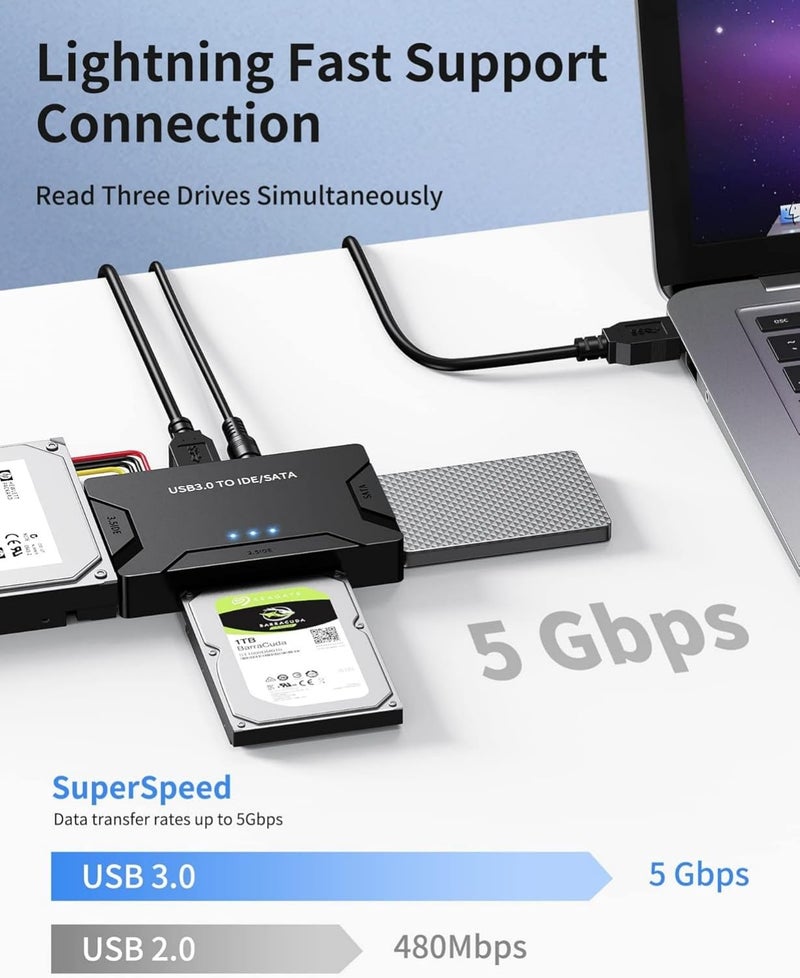POSUGEAR USB 3.0 to IDE and SATA Adapter, Hard Drive Adapter Cable Universal for 2.5/3.5 inch HDD/SSD Hard Drive Disk, Hard Drive Reader with 12V/2A Power Adapter - Image 2