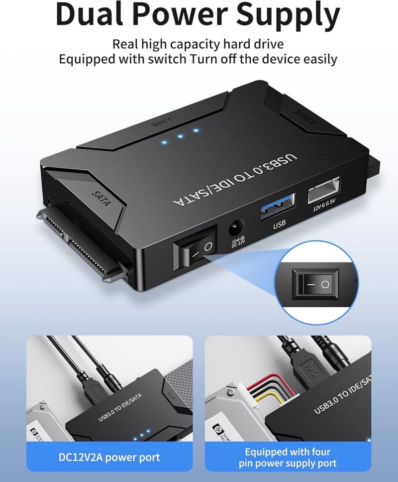 POSUGEAR USB 3.0 to IDE and SATA Adapter, Hard Drive Adapter Cable Universal for 2.5/3.5 inch HDD/SSD Hard Drive Disk, Hard Drive Reader with 12V/2A Power Adapter - Image 5