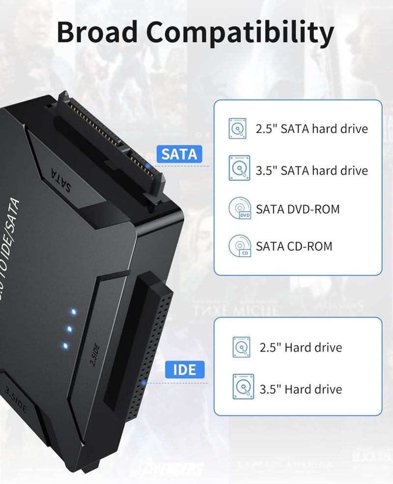 POSUGEAR USB 3.0 to IDE and SATA Adapter, Hard Drive Adapter Cable Universal for 2.5/3.5 inch HDD/SSD Hard Drive Disk, Hard Drive Reader with 12V/2A Power Adapter - Image 4