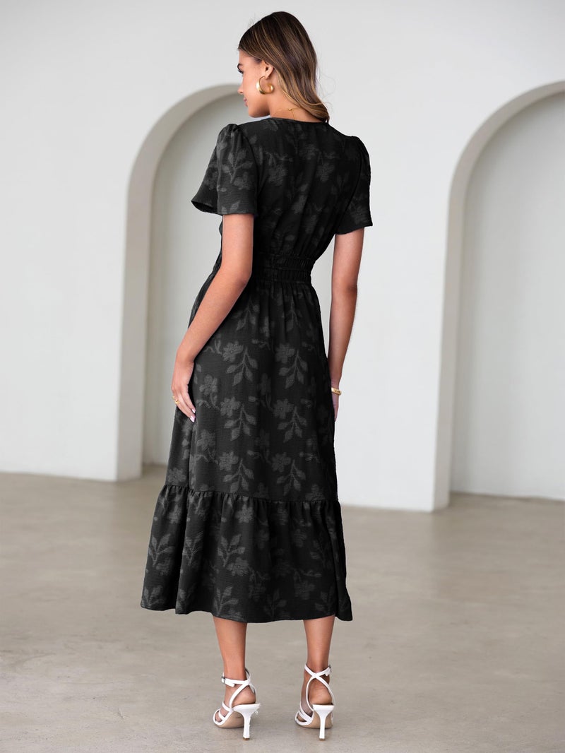 Simplee Womens Summer Boho Maxi Dress Semi Formal Wedding Guest Short Sleeve V Neck Empire Waist Floral Long Dresses Black XL - Image 4