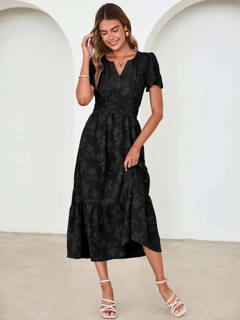 Simplee Womens Summer Boho Maxi Dress Semi Formal Wedding Guest Short Sleeve V Neck Empire Waist Floral Long Dresses Black XL - Image 5