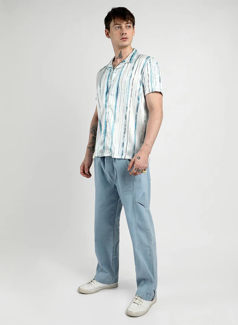 Campus Sutra Campus Sutra Men's Ivory White Brush Strokes Shirt For Casual Wear | Cuban Collar | Short Sleeve | Button Closure | Shirt Crafted With Comfort Fit For Everyday Wear
