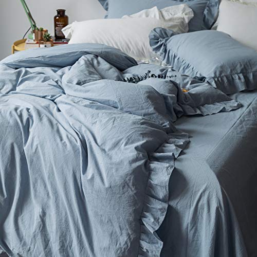 SUSYBAO Blue Ruffled Duvet Cover King 100% Washed Cotton 3 Pieces Set 1 Vintage Ruffle Duvet Cover with Zipper Ties 2 Pillow Shams Farmhouse Soft Shabby Chic Bedding Set Breathable - Image 2