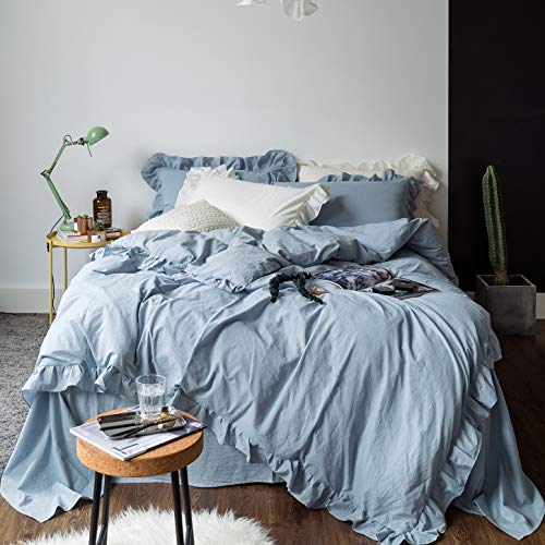 SUSYBAO Blue Ruffled Duvet Cover King 100% Washed Cotton 3 Pieces Set 1 Vintage Ruffle Duvet Cover with Zipper Ties 2 Pillow Shams Farmhouse Soft Shabby Chic Bedding Set Breathable - Image 1