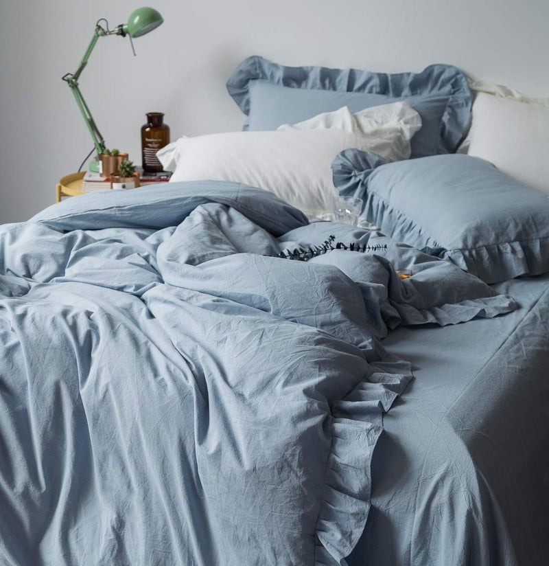 SUSYBAO Blue Ruffled Duvet Cover King 100% Washed Cotton 3 Pieces Set 1 Vintage Ruffle Duvet Cover with Zipper Ties 2 Pillow Shams Farmhouse Soft Shabby Chic Bedding Set Breathable - Image 5