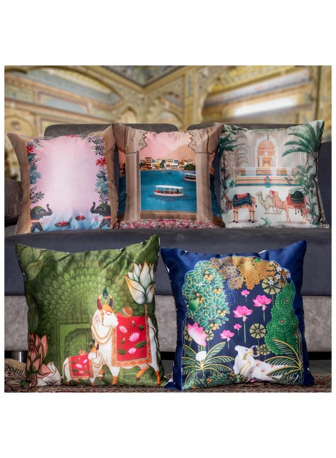 Vendola Decorative Satin 250TC Sofa Cushion Pillow Covers, Multicolor, Set of 5 Ethnic Cushion Covers(Palace,24x24 Inches) - Image 1