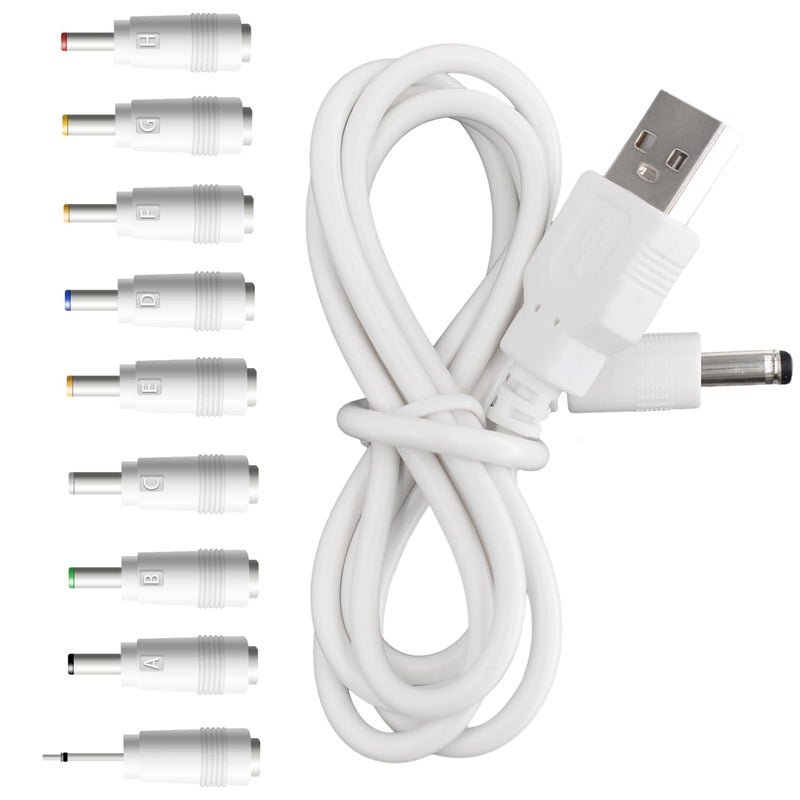 BOEEA 5V DC Power Cord Replacement Charger, USB to DC Plug Charging Cord with 9 Connectors Adapters for Moon Lamp, Massage Wand, Router, LED Light,Speaker and More Devices (White) - Image 1