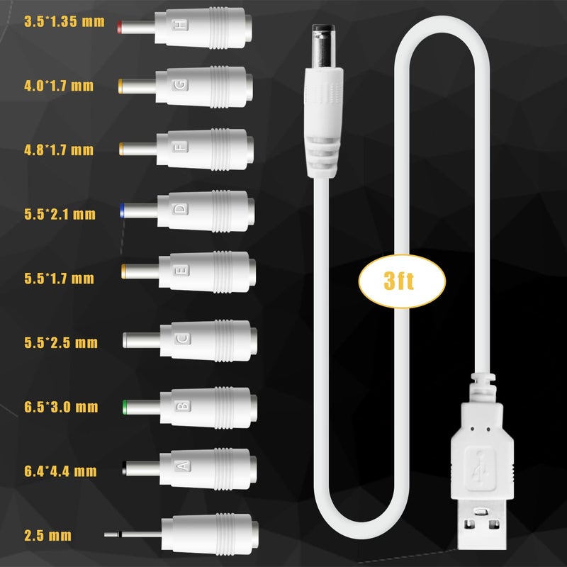 BOEEA 5V DC Power Cord Replacement Charger, USB to DC Plug Charging Cord with 9 Connectors Adapters for Moon Lamp, Massage Wand, Router, LED Light,Speaker and More Devices (White) - Image 3