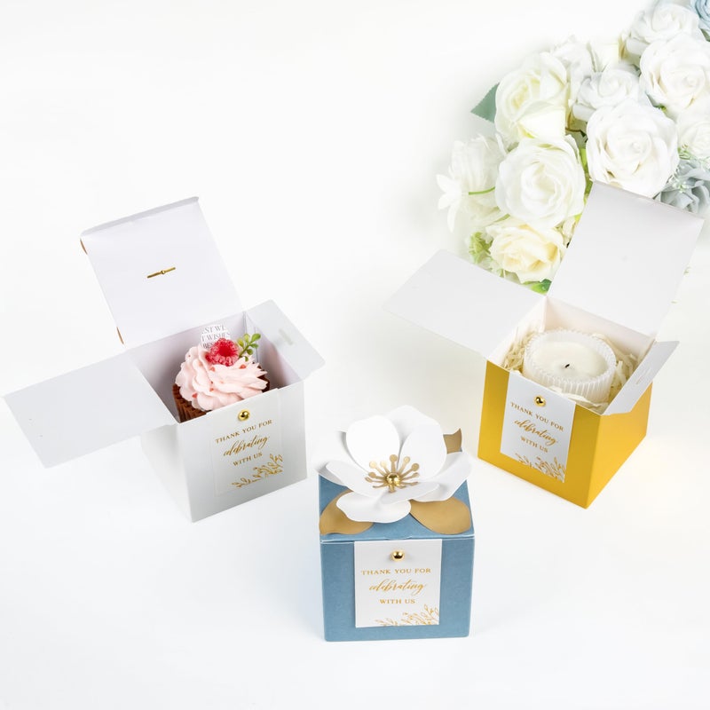 FEIYI 20 PCS Gold Gift Boxes, 3 In 1 Favor Boxes with Floral Decor, White Thank You Tags Cupcake Containers Gift wrapping for Wedding, Baby Shower, Birthday, Decorations Party - 3.55x3.55x3.55 - Image 5
