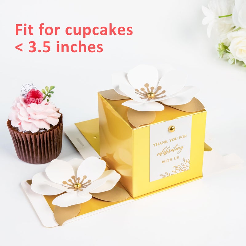 FEIYI 20 PCS Gold Gift Boxes, 3 In 1 Favor Boxes with Floral Decor, White Thank You Tags Cupcake Containers Gift wrapping for Wedding, Baby Shower, Birthday, Decorations Party - 3.55x3.55x3.55 - Image 4