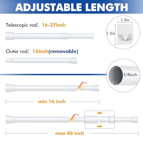 Corklatta 2 Pack White Tension Curtain Rods Adjustable 16-39 Inch, Tension Rod with 4 Holders,No-Drill Curtain Rods for Window, Kitchen, Bathroom - Image 3