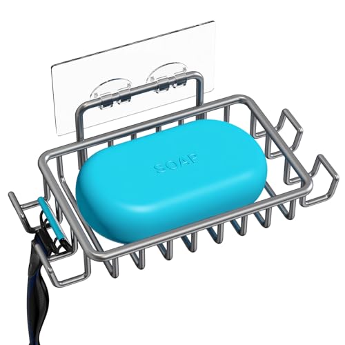 Nieifi Bar Soap Holder for Shower Wall with 4 Hooks, Stainless Steel Adhesive Soap Dish for Bathroom, Gray - Image 1