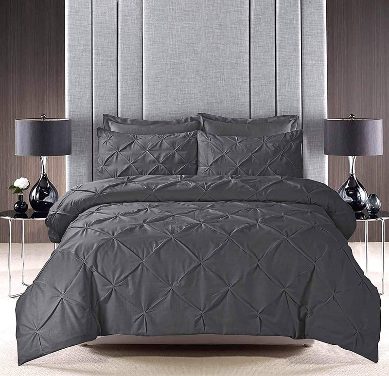 Cloud Fino Cotton 600 Thread Count Luxurious Pleated Design Duvet Cover 1 Duvet Cover with 2 Pillow Shams 17 x 27 QueenKingTwinDouble BedSingle Bed Sizes Dark Grey King - Image 1