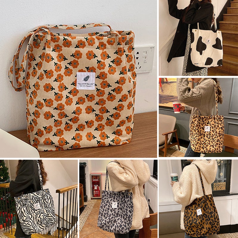 Women Shoulder Bags Corduroy Totes Printed Vintage Holiday Reusable Shopping Bags Casual Handbag - Image 2