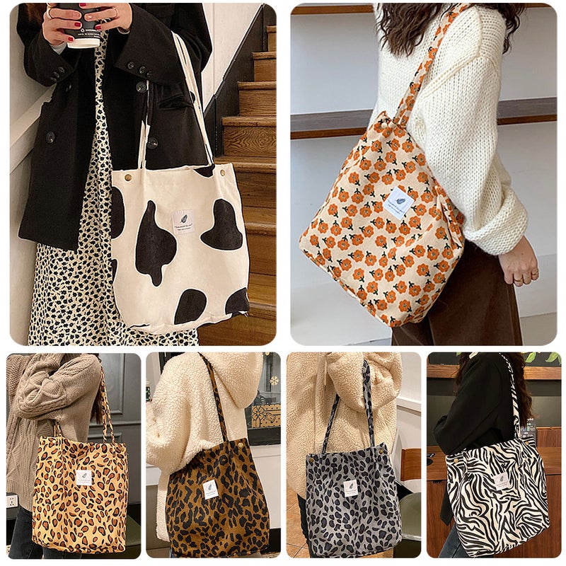 Women Shoulder Bags Corduroy Totes Printed Vintage Holiday Reusable Shopping Bags Casual Handbag - Image 3