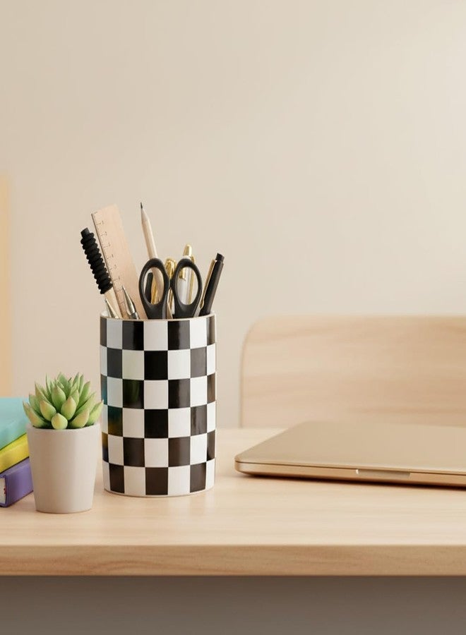YOSCO Ceramic Aesthetic Pen Holder For Desk Cute Stand Checkered Pencil Cup Pot Desk Organizer Office Supplies - Stylish Office Decor Makeup Brush Holder for Girls,Women (Black-white) - Image 2