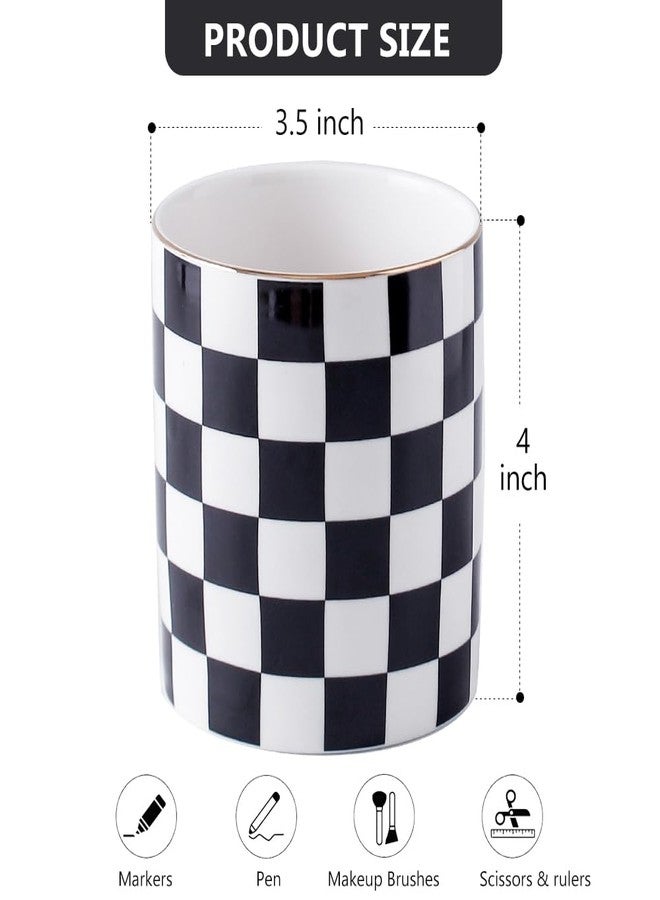YOSCO Ceramic Aesthetic Pen Holder For Desk Cute Stand Checkered Pencil Cup Pot Desk Organizer Office Supplies - Stylish Office Decor Makeup Brush Holder for Girls,Women (Black-white) - Image 5
