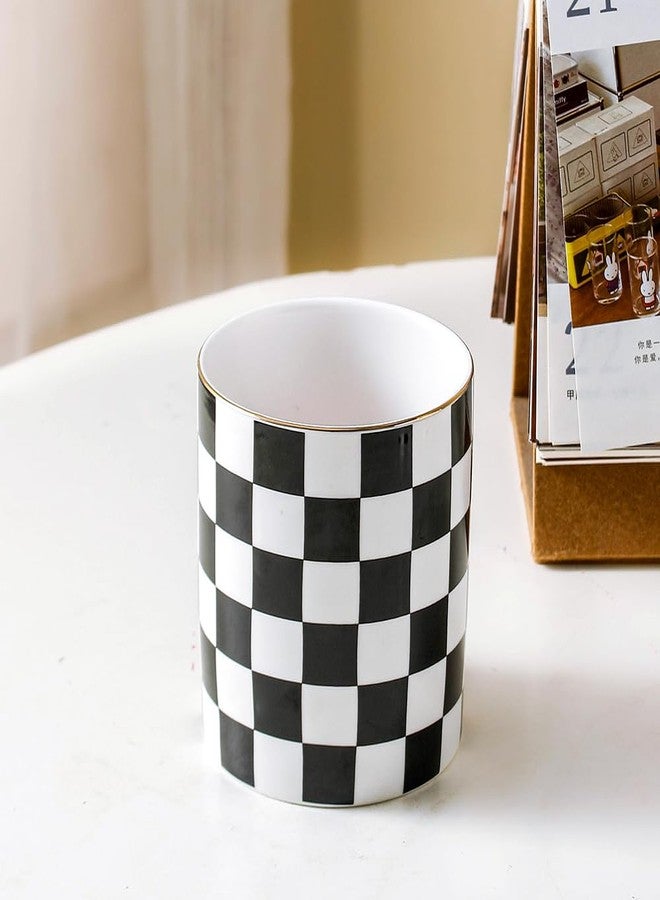 YOSCO Ceramic Aesthetic Pen Holder For Desk Cute Stand Checkered Pencil Cup Pot Desk Organizer Office Supplies - Stylish Office Decor Makeup Brush Holder for Girls,Women (Black-white) - Image 4