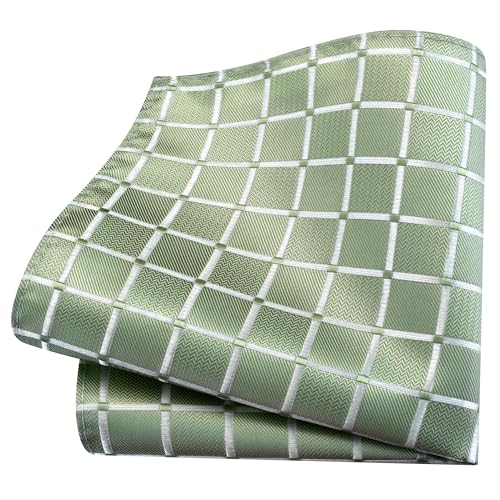 GUSLESON Sage Green Mens Plaid Checkered Wedding Necktie Pocket Square Cufflinks and Lapel Pin Brooch Set (IN6104-34) - Image 4