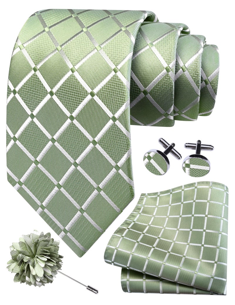 GUSLESON Sage Green Mens Plaid Checkered Wedding Necktie Pocket Square Cufflinks and Lapel Pin Brooch Set (IN6104-34) - Image 1