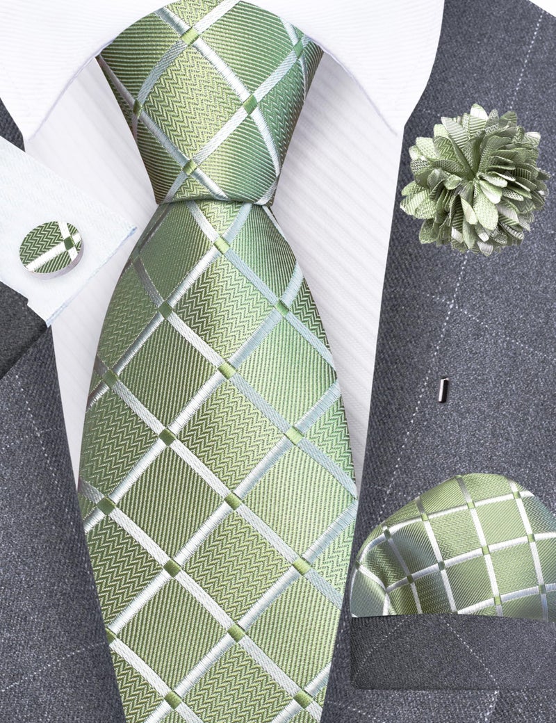 GUSLESON Sage Green Mens Plaid Checkered Wedding Necktie Pocket Square Cufflinks and Lapel Pin Brooch Set (IN6104-34) - Image 2