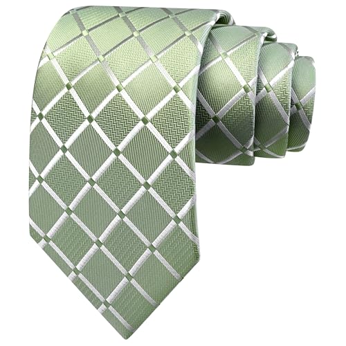 GUSLESON Sage Green Mens Plaid Checkered Wedding Necktie Pocket Square Cufflinks and Lapel Pin Brooch Set (IN6104-34) - Image 3