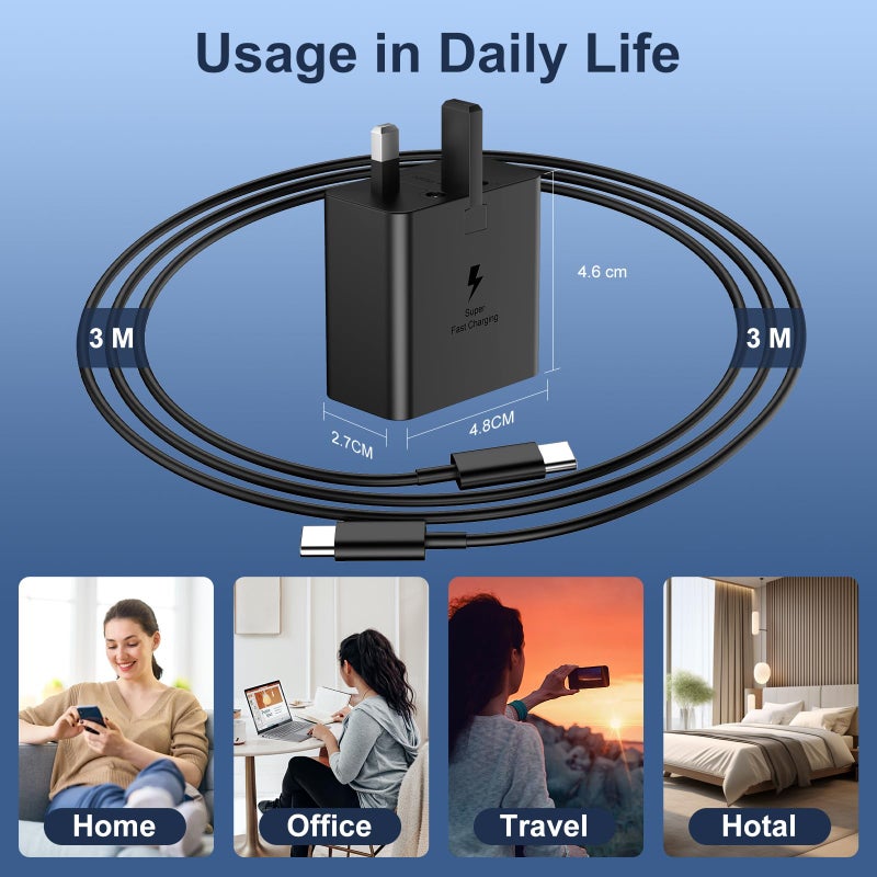 DiHines USB C Charger for Samsung Fast Charger USB C Plug & Cable 3M Long 25W Type C Super Fast Phone Charging Android Adaptor UK 1-Pack for Galaxy S25 Ultra/S24/S23/S22/S21/S20/A56/A55/A36/A17/A16/Note 20/10 - Image 4