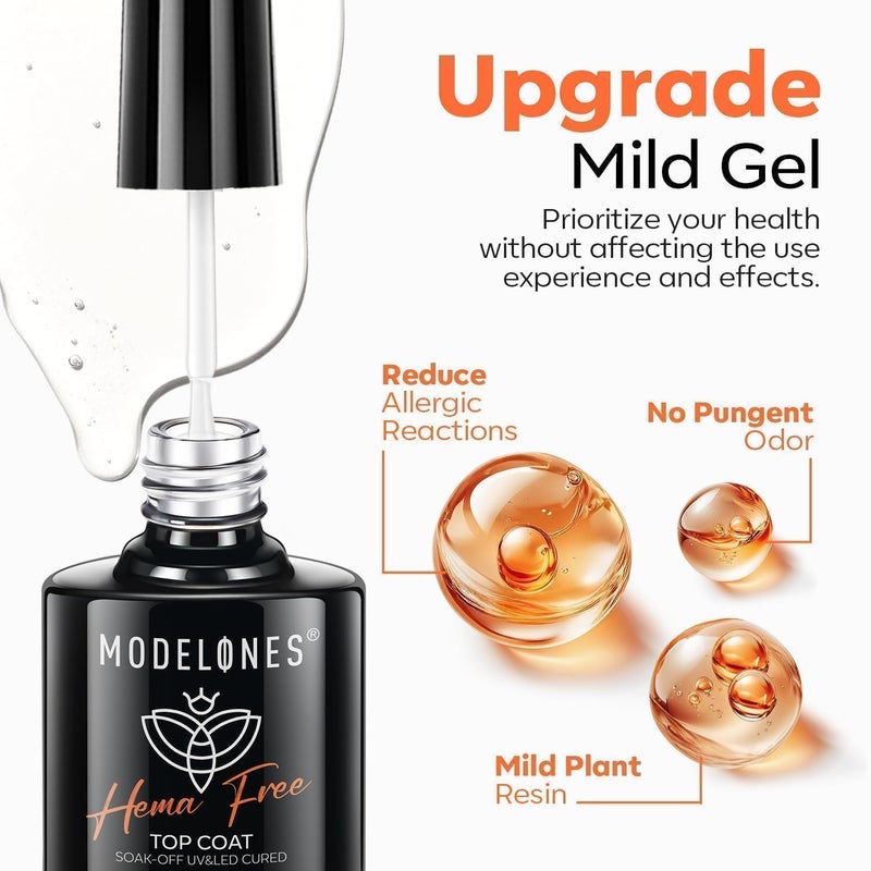 modelones Gel Base Top Coat Set, 2 Pcs Clear Glossy Hema Free Base Top Coat Gel Nail Polish Long Lasting for Spring Nail Polish, Acrylic Nails Soak Off Nail Lamp Nail Art Home Salon - Image 2