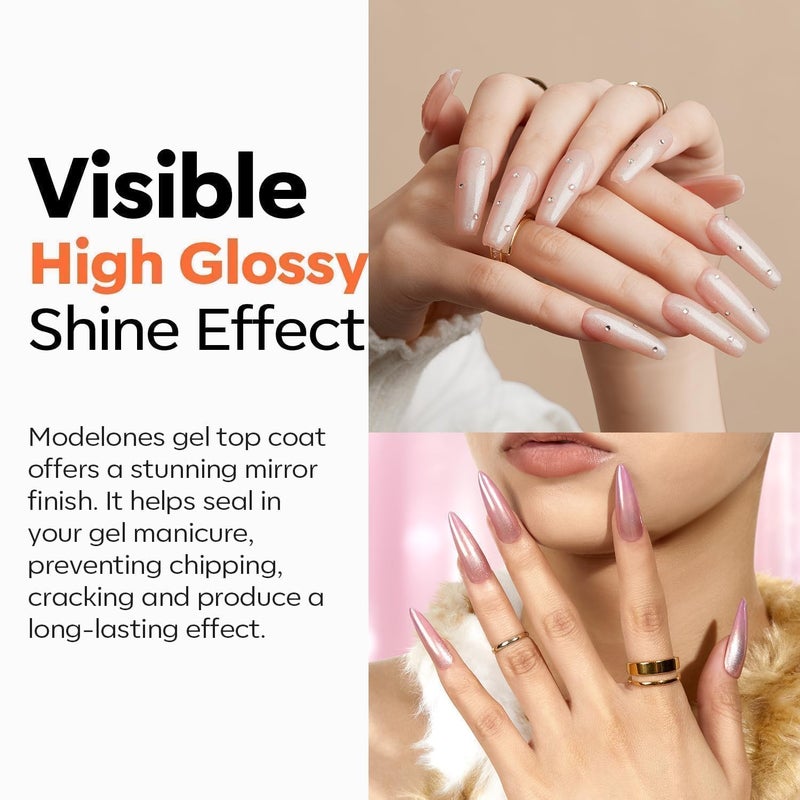 modelones Gel Base Top Coat Set, 2 Pcs Clear Glossy Hema Free Base Top Coat Gel Nail Polish Long Lasting for Spring Nail Polish, Acrylic Nails Soak Off Nail Lamp Nail Art Home Salon - Image 4