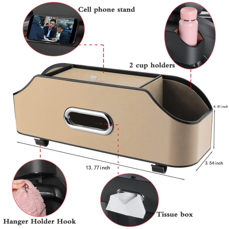 HOLDCY Car Back Seat Organizer with 2 Drink Cup Holder - Tissue Box and Storage Box Hook - Multi-functional Storage - Great for Kids and Travel (Beige) - Image 2