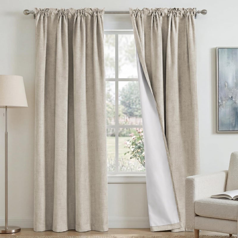 PrinceDeco 100% Blackout Curtains 95 inches Long Rod Pocket Primitive Linen Textured Curtains with White Liner Heat and Full Light Blocking Drapes for Bedroom,2 Panels(52 x 95 Inch, Natural) - Image 1