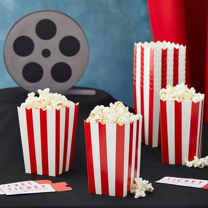 PrettyurParty PRETTY UR PARTY Red Stripes Small Popcorn Boxes - 10 pcs Paper Popcorn Box, Disposable Party Snack Containers, Great For Kids Party, Movie Night Or Carnival Party Theme - Image 1